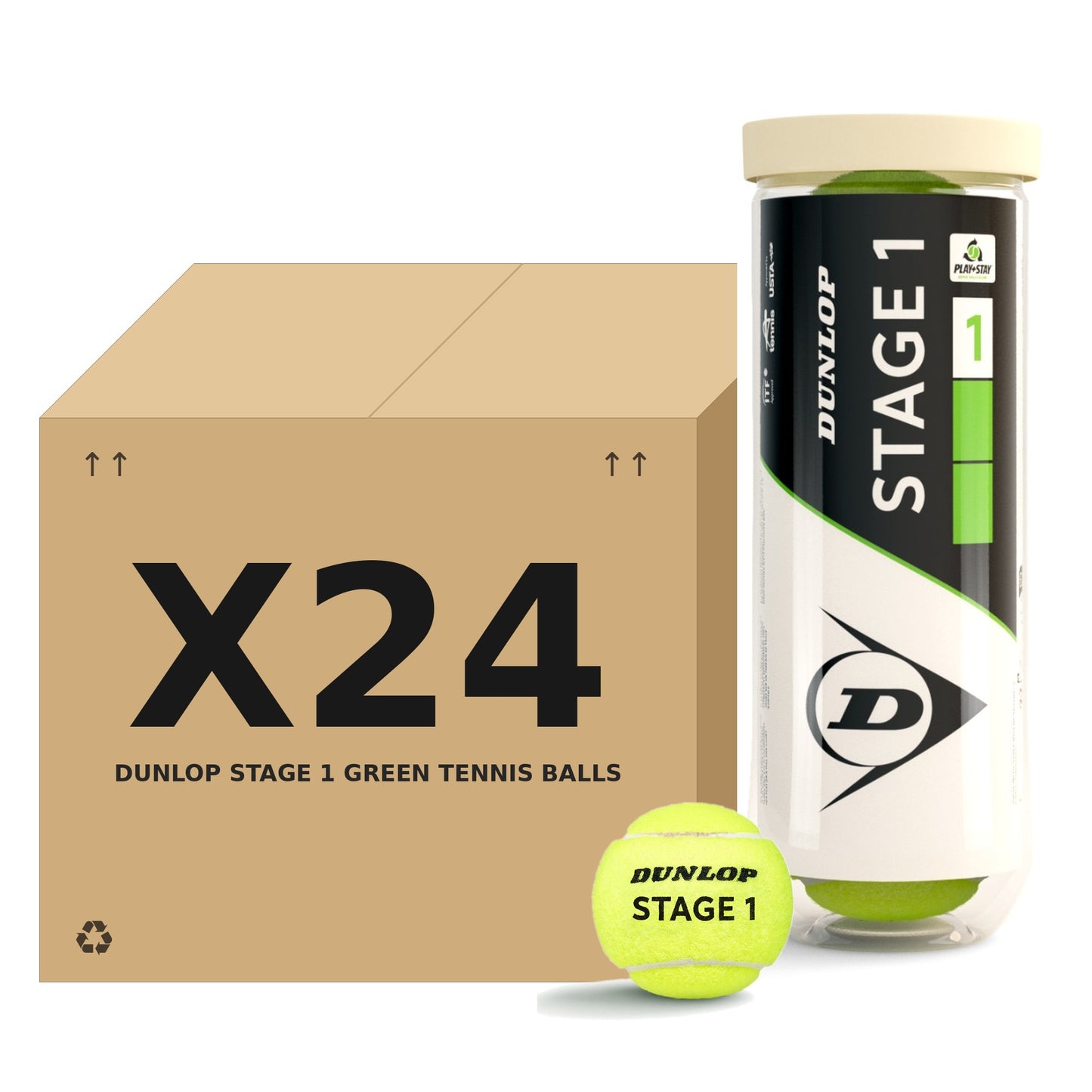כדורי טניס Dunlop Stage 1 Green – קרטון 24 שלישיות (72 כדורים)